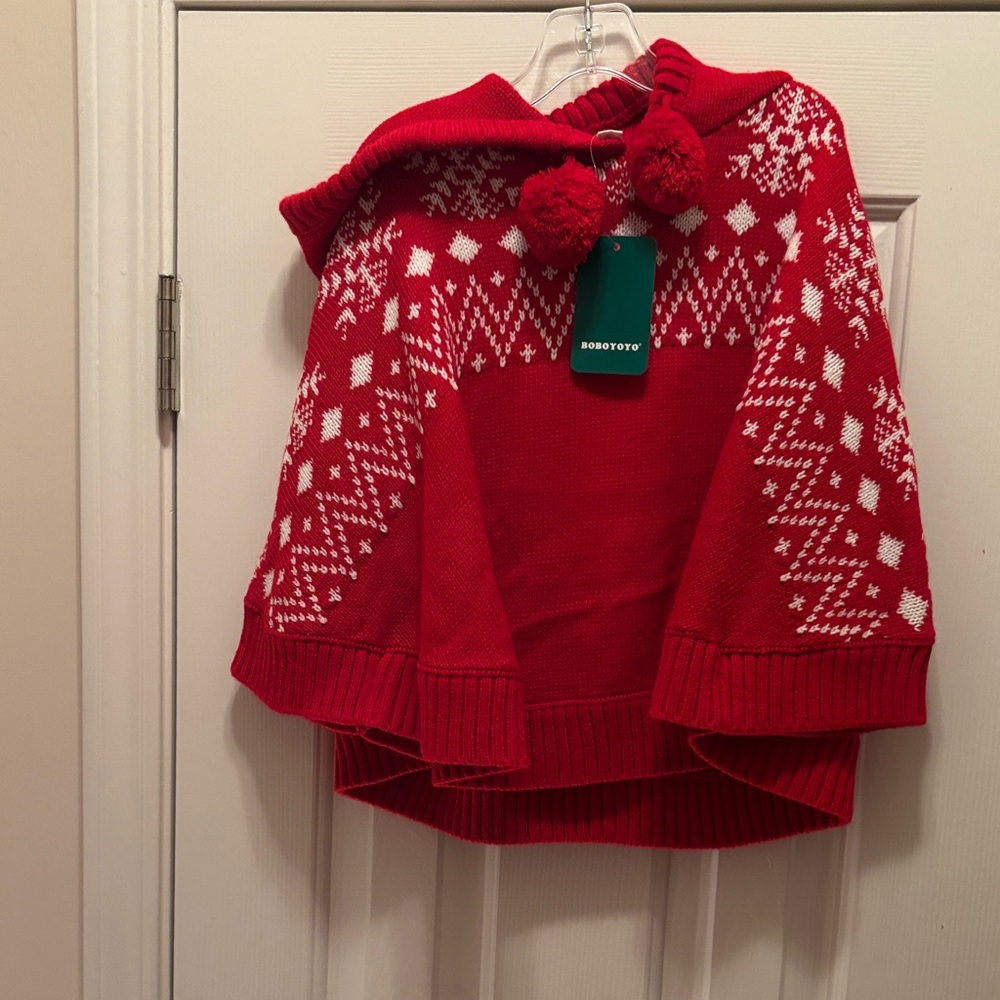 NWT BOBOYOYO Cape Red and White Knit Poncho with Pom Poms